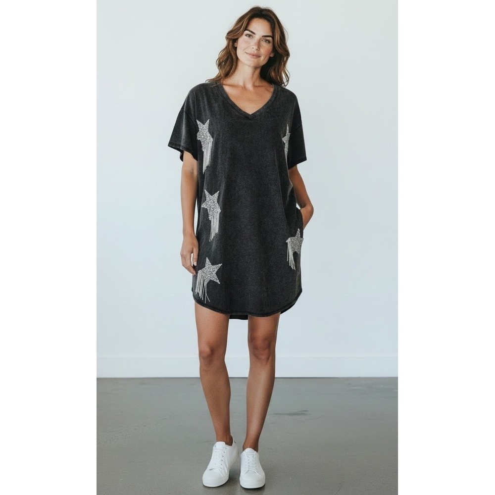 Blue B Star Rhinestone Fringe T-Shirt Dress Size L Washed Black Western Concert